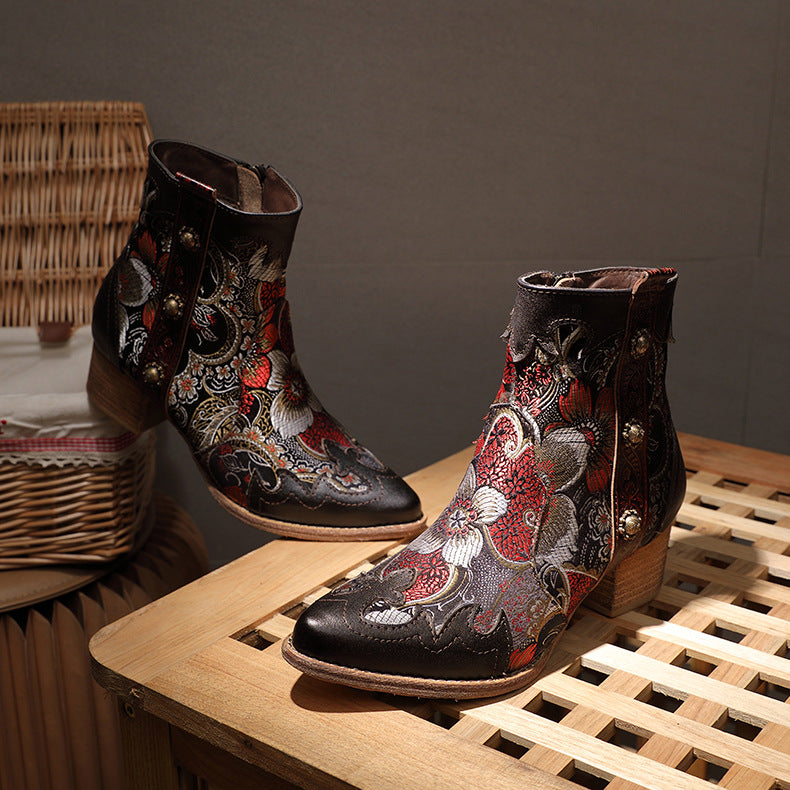 Johnature Court En Peluche Femmes Bottes Zip Patchwork Femmes Chaussures En Cuir  Broderie Tissu Main Cheville Plateforme Bottes