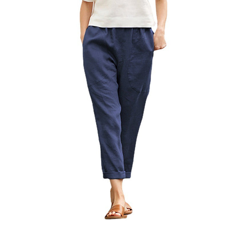 Women's Plus Size Cotton And Linen Casual Pants Solid Color