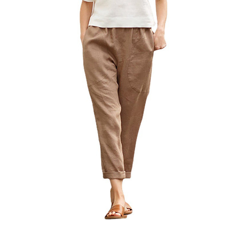 Women's Plus Size Cotton And Linen Casual Pants Solid Color