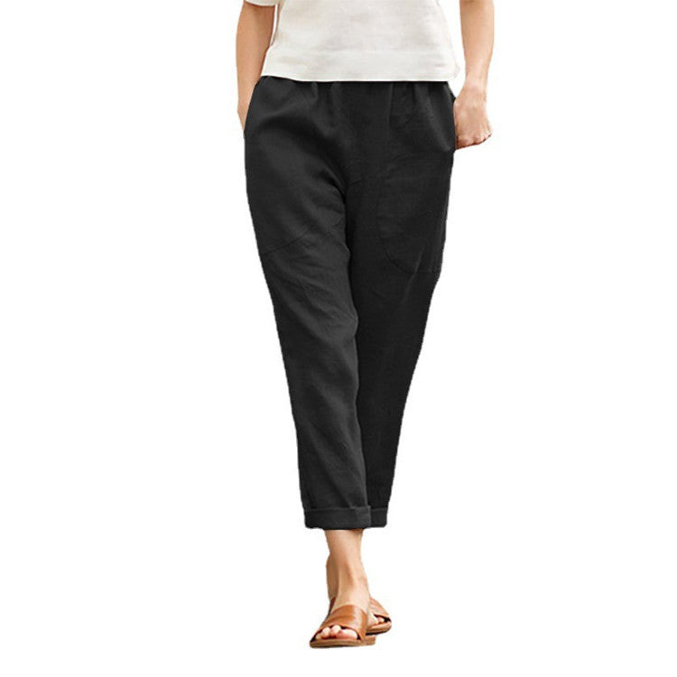Women's Plus Size Cotton And Linen Casual Pants Solid Color