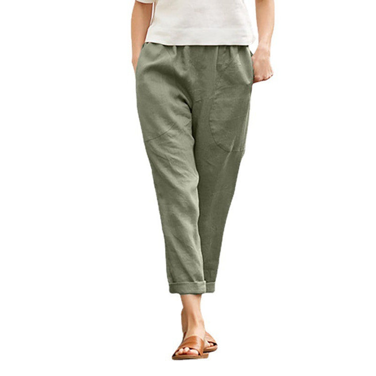 Women's Plus Size Cotton And Linen Casual Pants Solid Color
