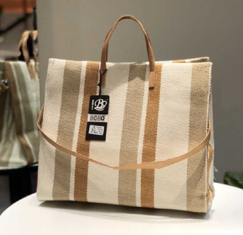 European And American Retro Large-Capacity Canvas Shoulder Bag Popular Stripe All-Match Shoulder Tote Bag
