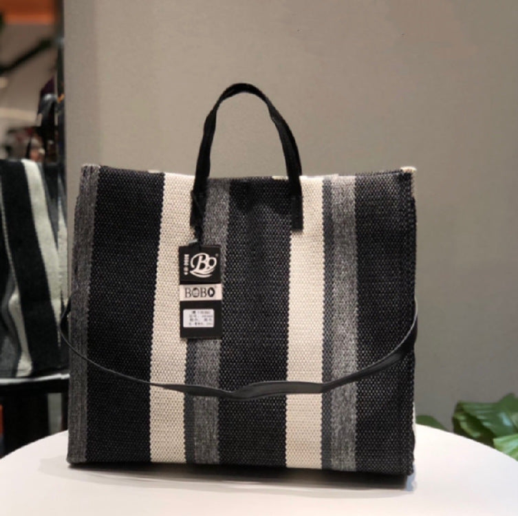 European And American Retro Large-Capacity Canvas Shoulder Bag Popular Stripe All-Match Shoulder Tote Bag