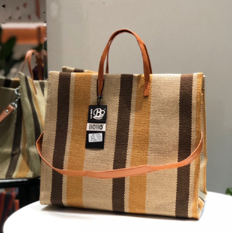 European And American Retro Large-Capacity Canvas Shoulder Bag Popular Stripe All-Match Shoulder Tote Bag