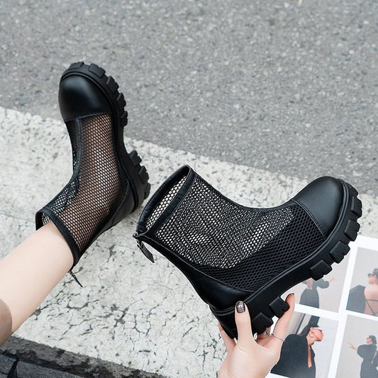 Black Fashion Platform Martin Boots Large Size Fashion Hollow Women's Shoes
