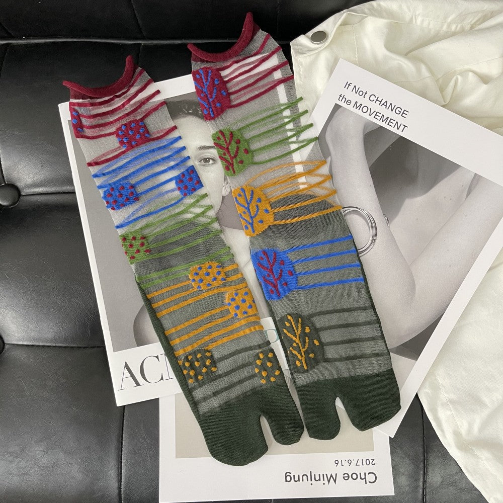 Summer Thin Crystal Silk Transparent Curling Love Leaves Flowers Literary Personality Japanese Two-toed Socks Split Toe Socks