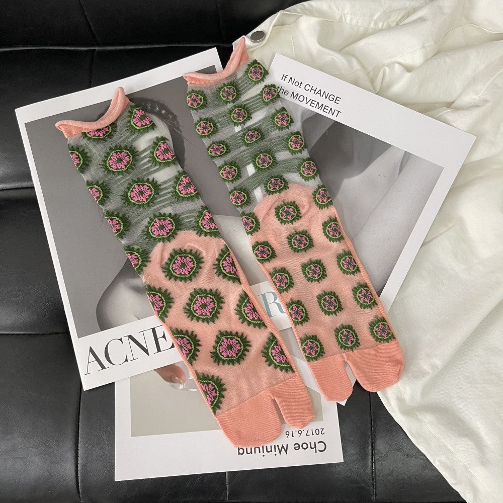 Summer Thin Crystal Silk Transparent Curling Love Leaves Flowers Literary Personality Japanese Two-toed Socks Split Toe Socks