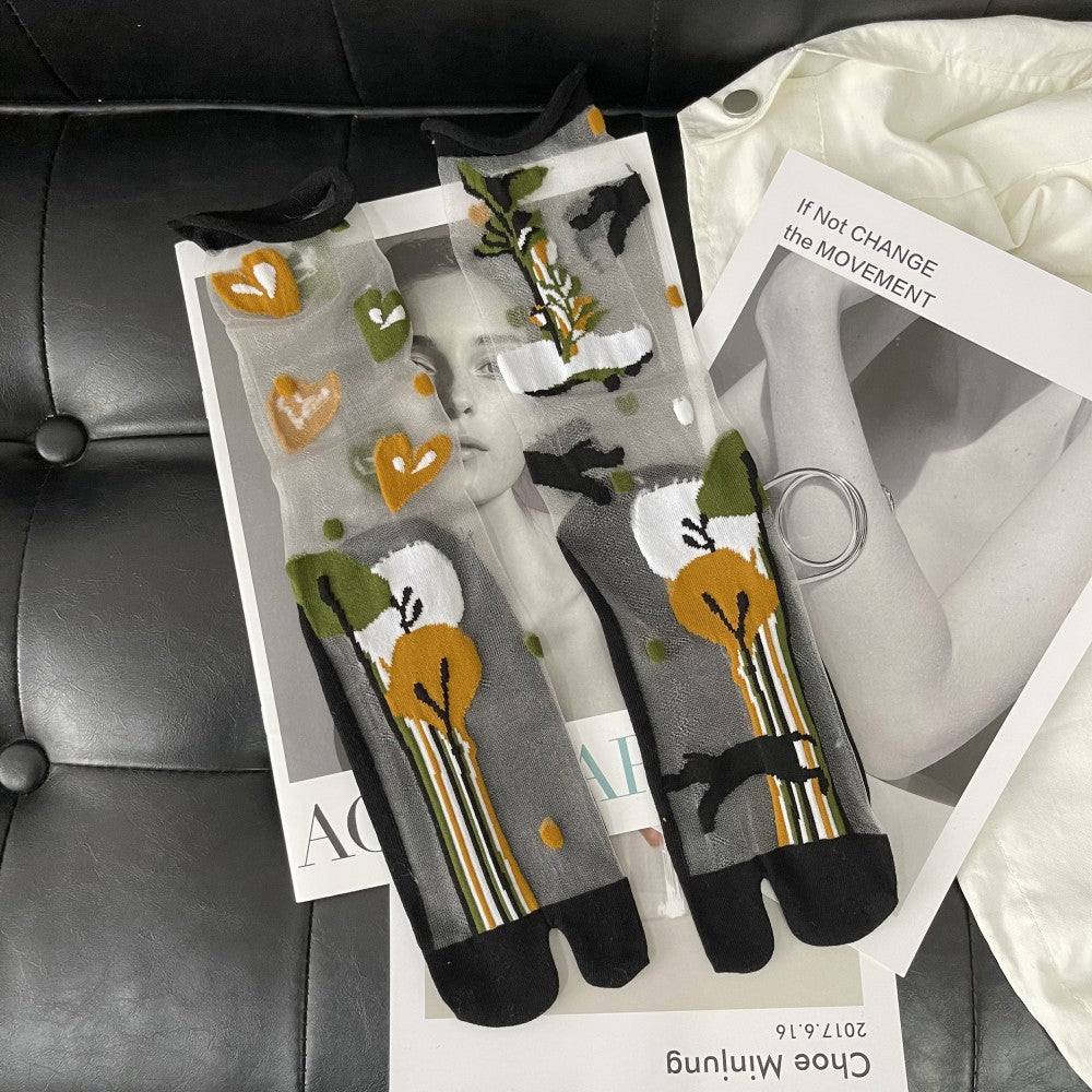 Summer Thin Crystal Silk Transparent Curling Love Leaves Flowers Literary Personality Japanese Two-toed Socks Split Toe Socks