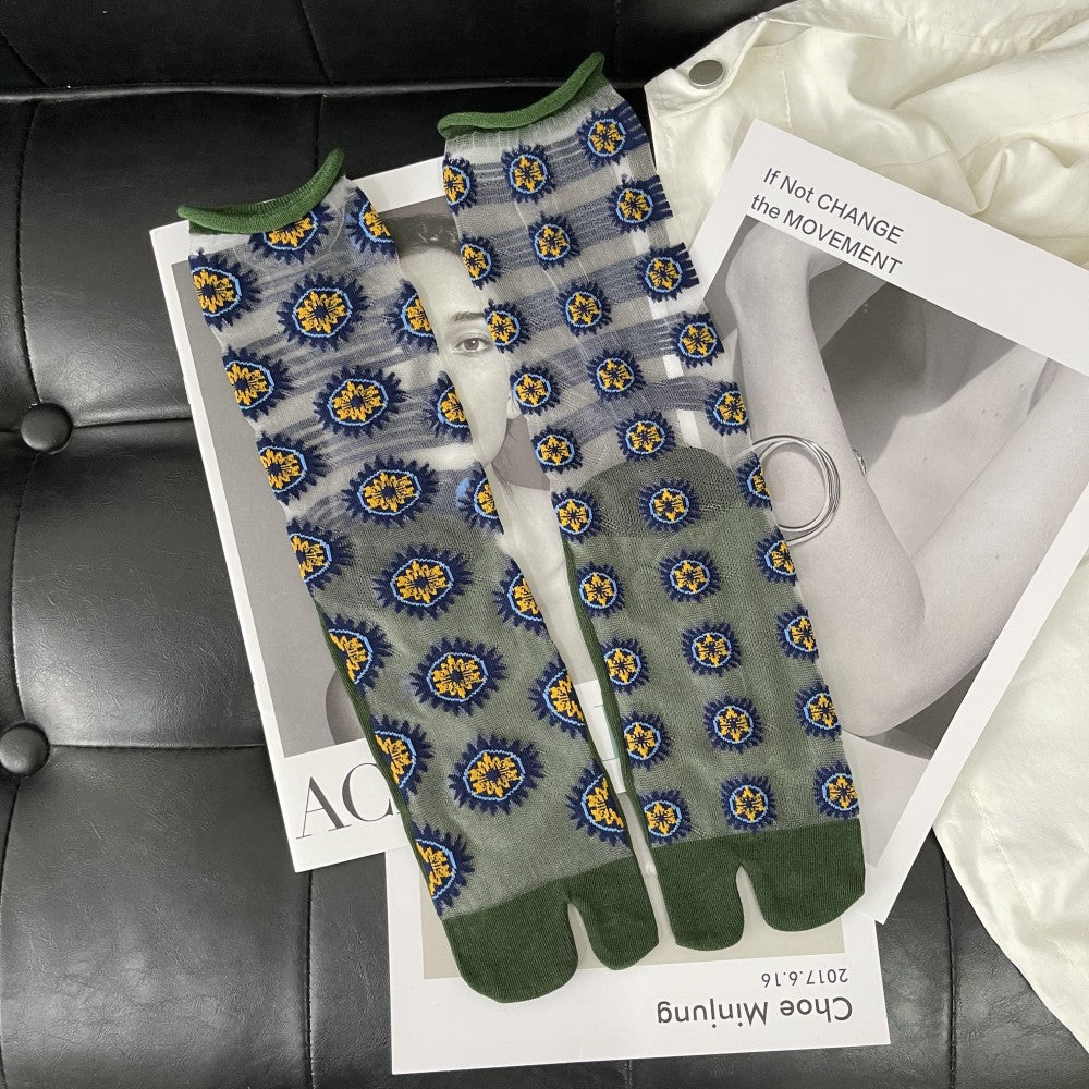 Summer Thin Crystal Silk Transparent Curling Love Leaves Flowers Literary Personality Japanese Two-toed Socks Split Toe Socks