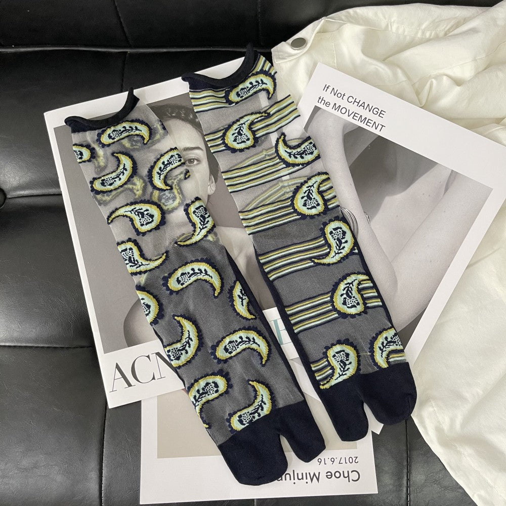 Summer Thin Crystal Silk Transparent Curling Love Leaves Flowers Literary Personality Japanese Two-toed Socks Split Toe Socks