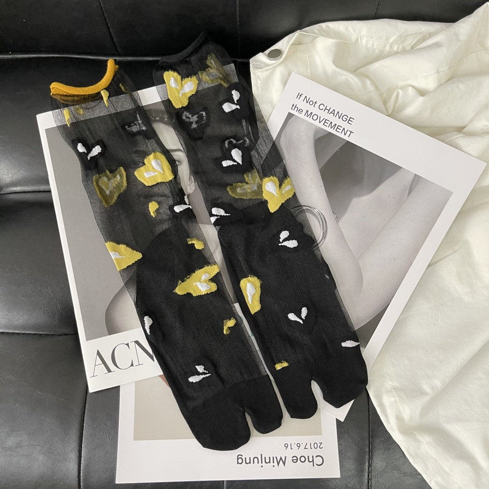 Summer Thin Crystal Silk Transparent Curling Love Leaves Flowers Literary Personality Japanese Two-toed Socks Split Toe Socks