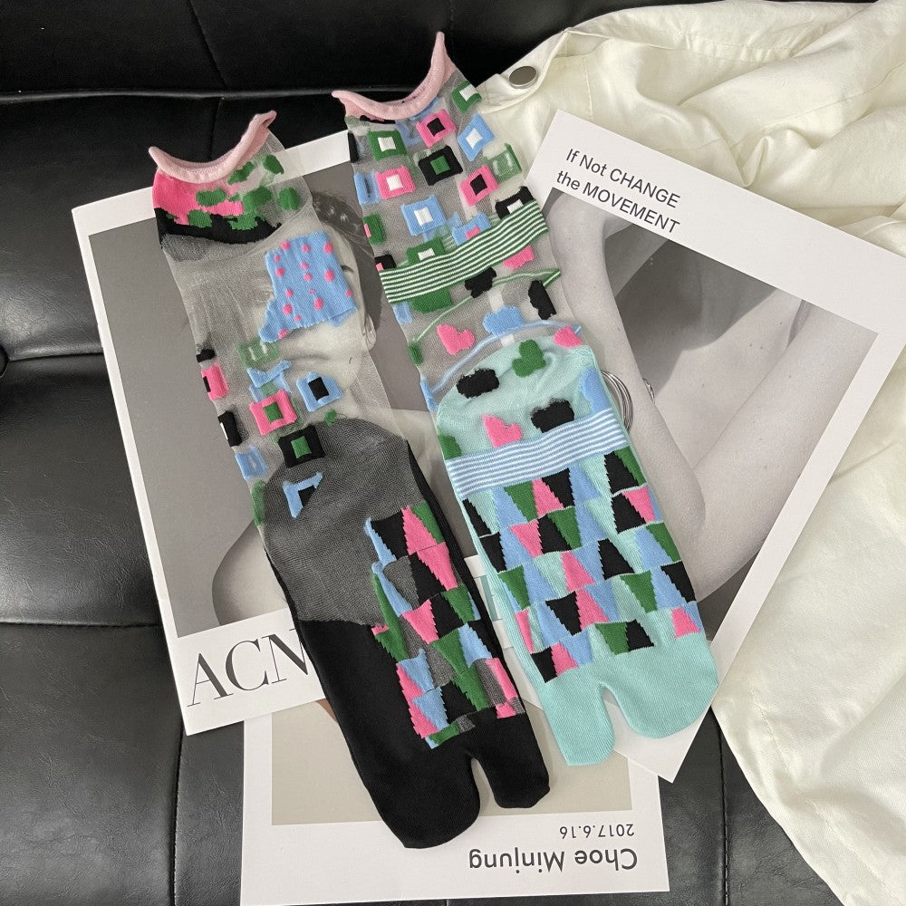Summer Thin Crystal Silk Transparent Curling Love Leaves Flowers Literary Personality Japanese Two-toed Socks Split Toe Socks