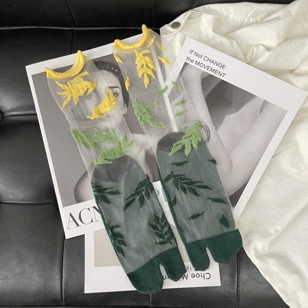 Summer Thin Crystal Silk Transparent Curling Love Leaves Flowers Literary Personality Japanese Two-toed Socks Split Toe Socks
