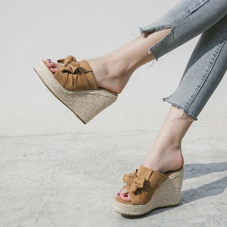 Sløjfe Fiskemund Kvinders Sandaler Høj-hæl Hjemmesko Stråvævet Plateau
