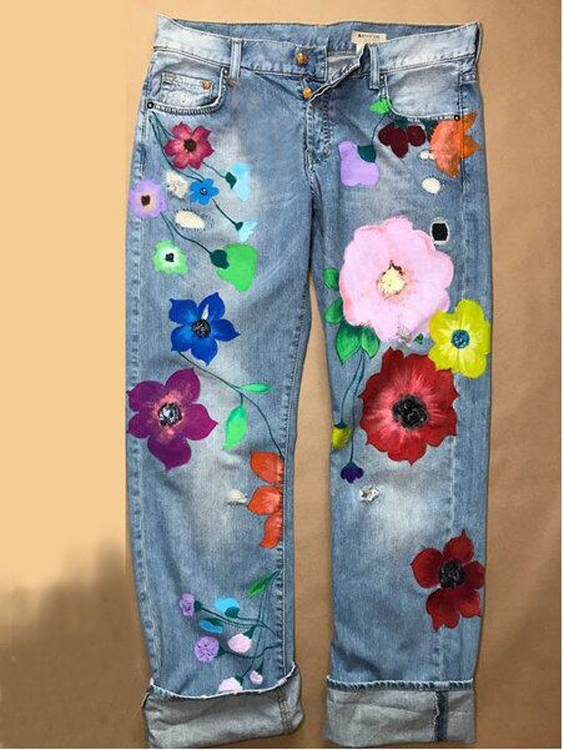 Ripped Printed Big Red Flower Ripped Fashion Women's Straight Denim Trousers