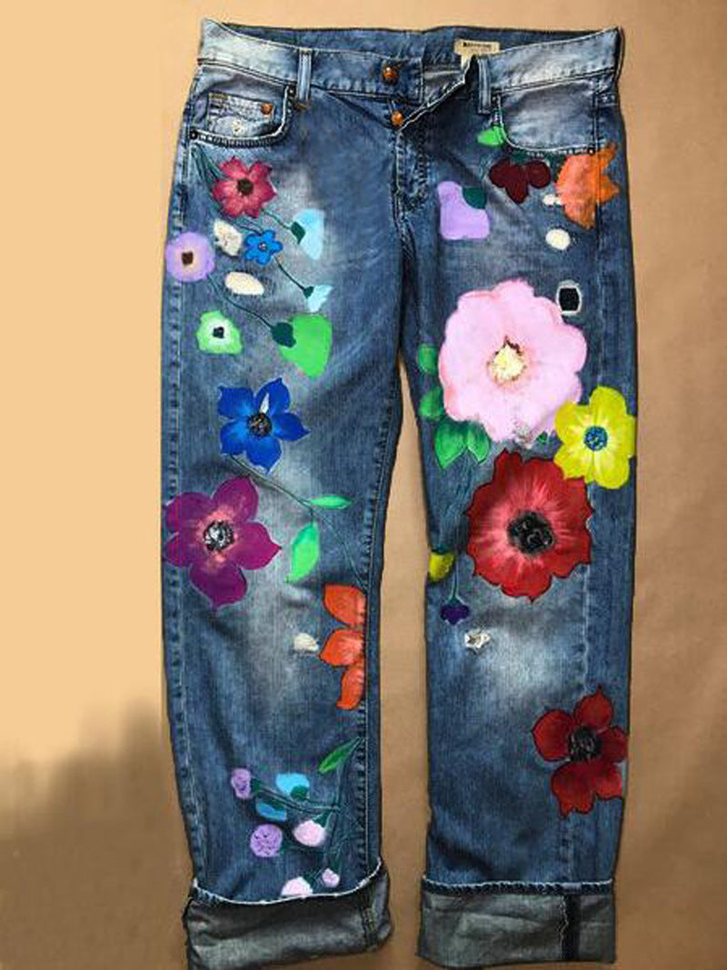 Ripped Printed Big Red Flower Ripped Fashion Women's Straight Denim Trousers