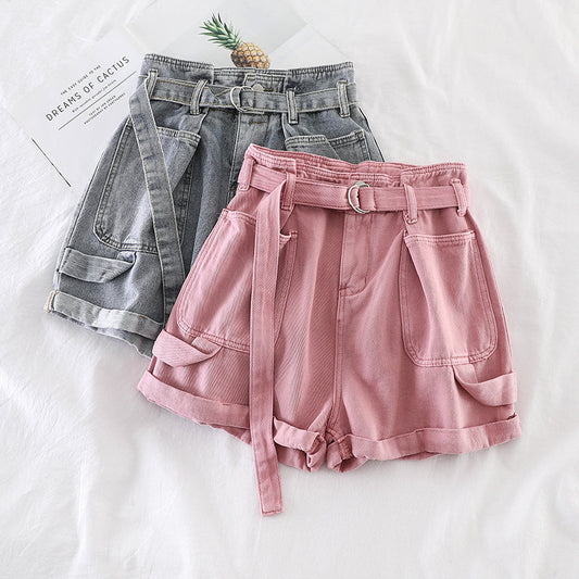 All Match Thin Double Pocket Wide Leg Denim Solid Color Shorts