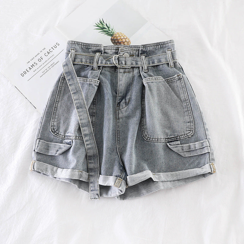 Match Thin Double Pocket Wide Leg Denim Solid Color Shorts