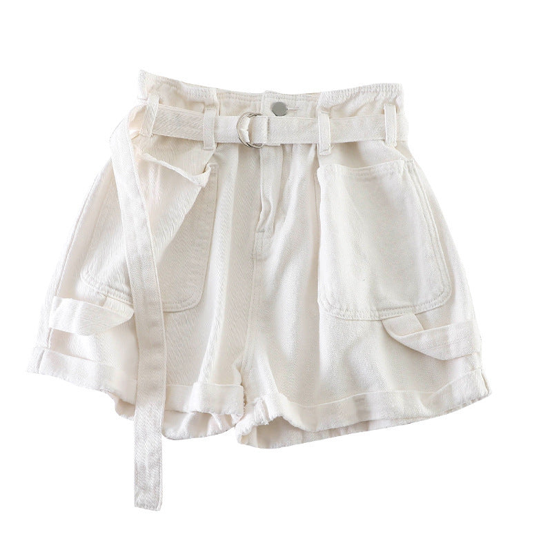 Match Thin Double Pocket Wide Leg Denim Solid Color Shorts