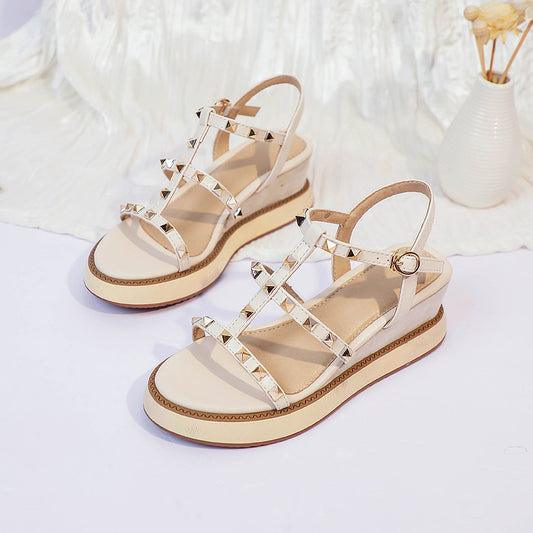 Sandals Women'S New Style Multi-Matching Temperament Slope With High Heels Fairy Rivet Etiquette Bridesmaid Shoes