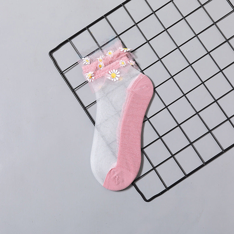 Summer Thin Mesh Yarn Hand-Stitched Small Daisy Glass Stockings