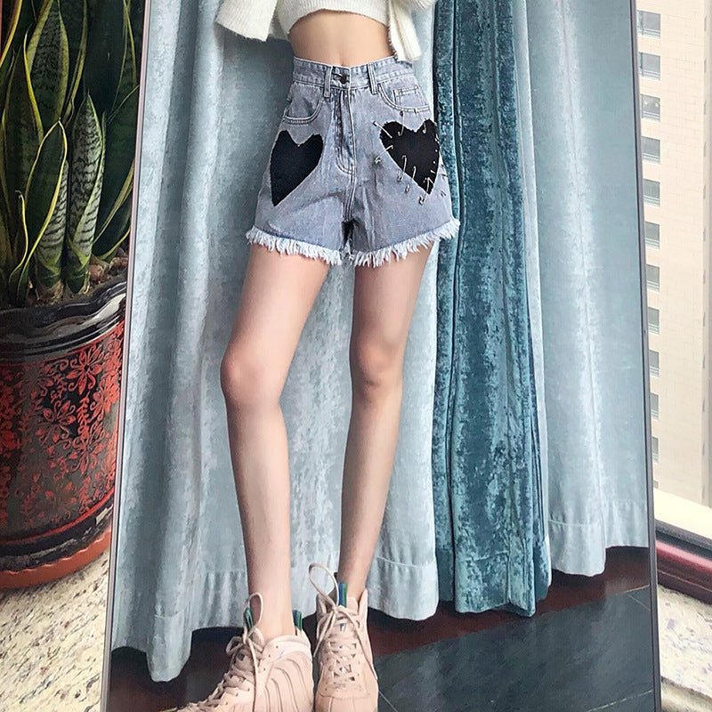 High Waist Slim Sexy Slim Love Patch Denim Shorts