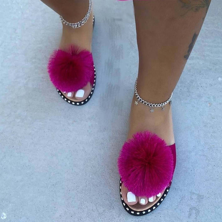 Slippers Women'S Summer New Style Fur Ball Flat-Soled European And American Sandals Women'S Casual Slippers