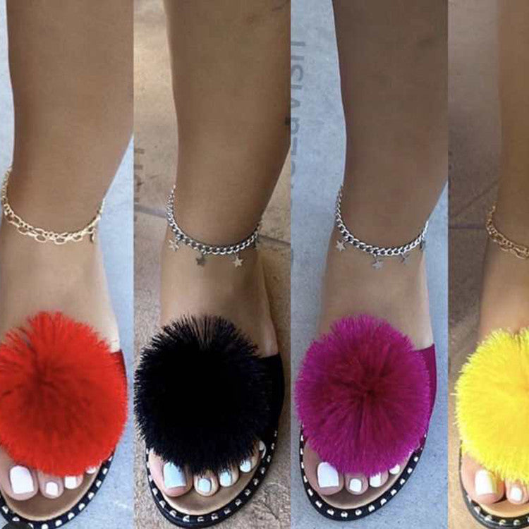 Slippers Women'S Summer New Style Fur Ball Flat-Soled European And American Sandals Women'S Casual Slippers
