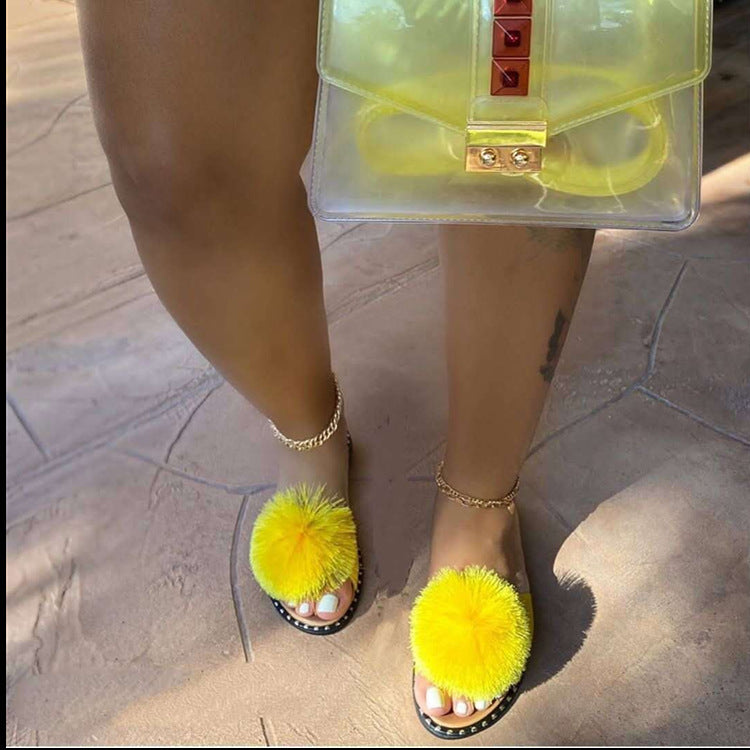 Slippers Women'S Summer New Style Fur Ball Flat-Soled European And American Sandals Women'S Casual Slippers