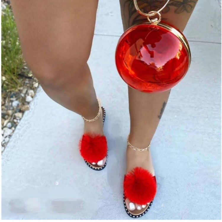 Slippers Women'S Summer New Style Fur Ball Flat-Soled European And American Sandals Women'S Casual Slippers