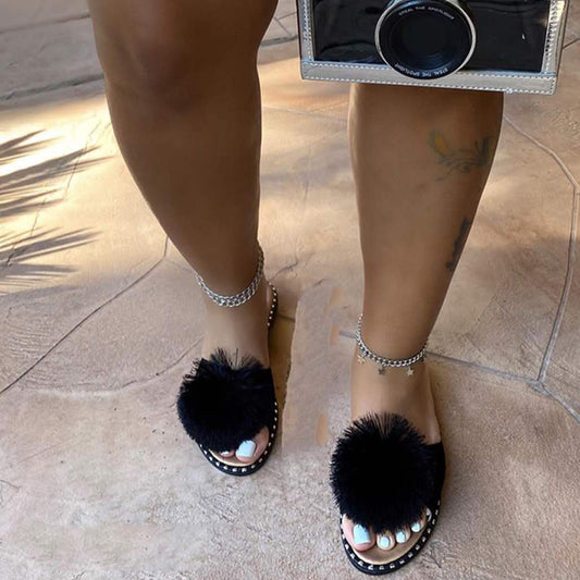 Slippers Women'S Summer New Style Fur Ball Flat-Soled European And American Sandals Women'S Casual Slippers
