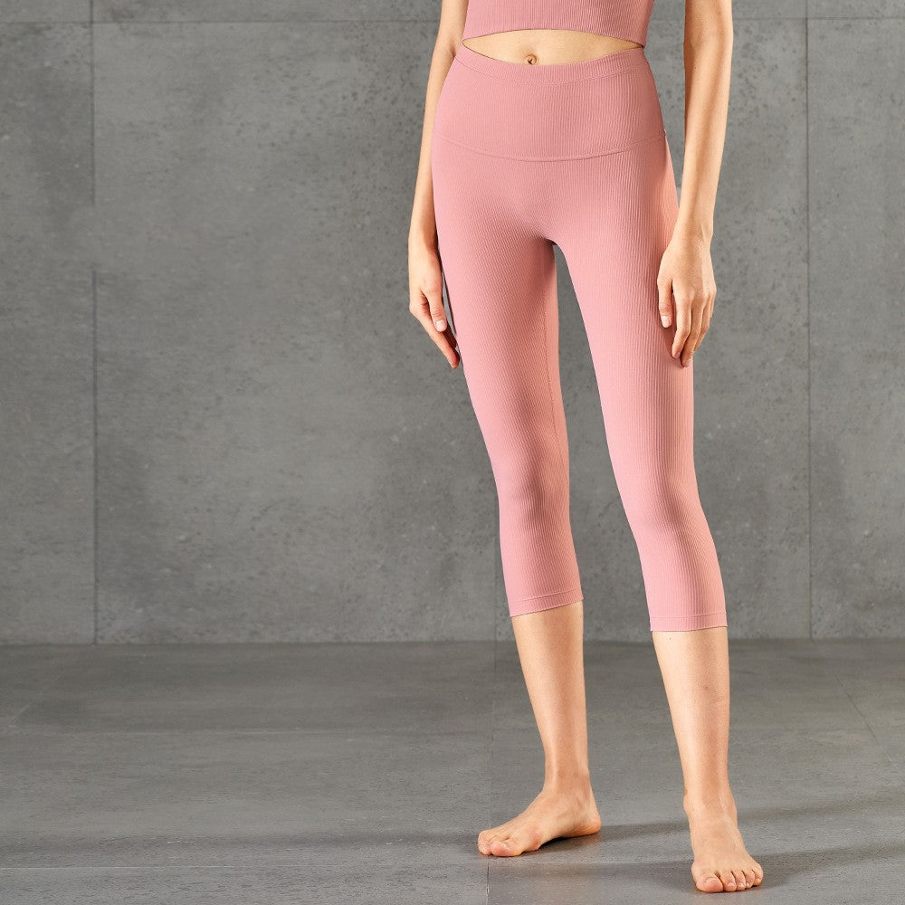 Stitching Waist Vertical Stripes Nude Peach Hip Fitness Pants