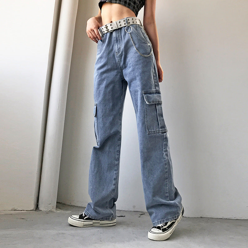 Fashion Casual High Waist Slimming Women's Loose Multi-pocket Straight-leg Jeans