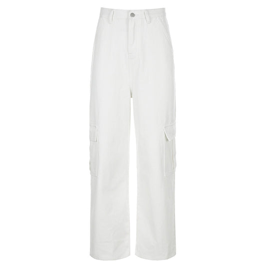 Fashion Casual High Waist Slimming Women's Loose Multi-pocket Straight-leg Jeans