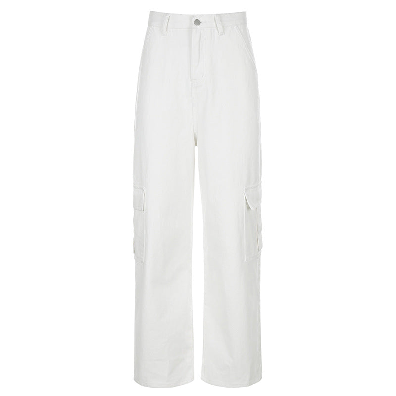 Fashion Casual High Waist Slimming Women's Loose Multi-pocket Straight-leg Jeans