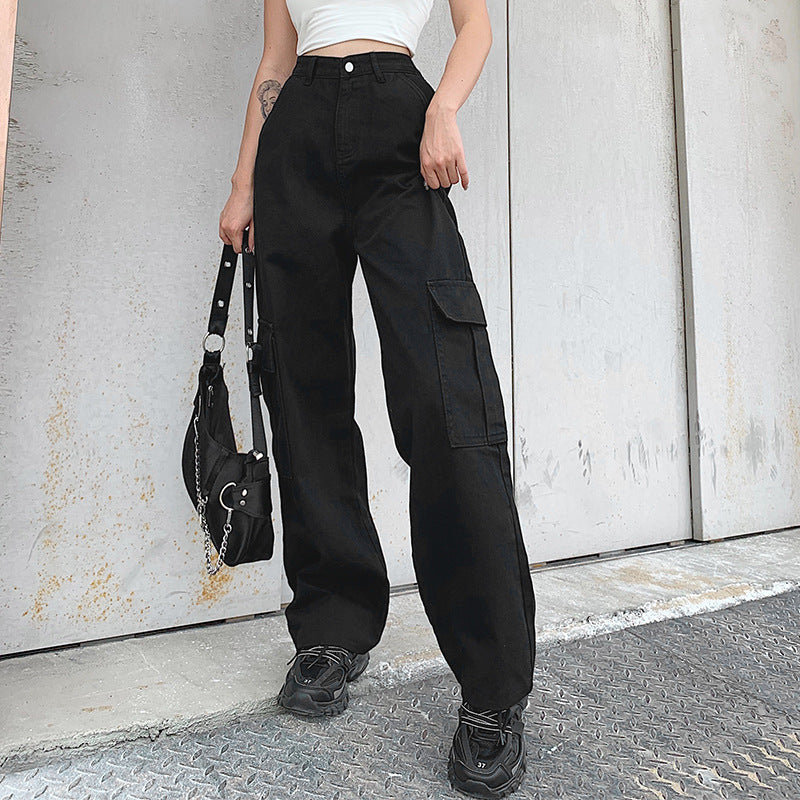 Fashion Casual High Waist Slimming Women's Loose Multi-pocket Straight-leg Jeans