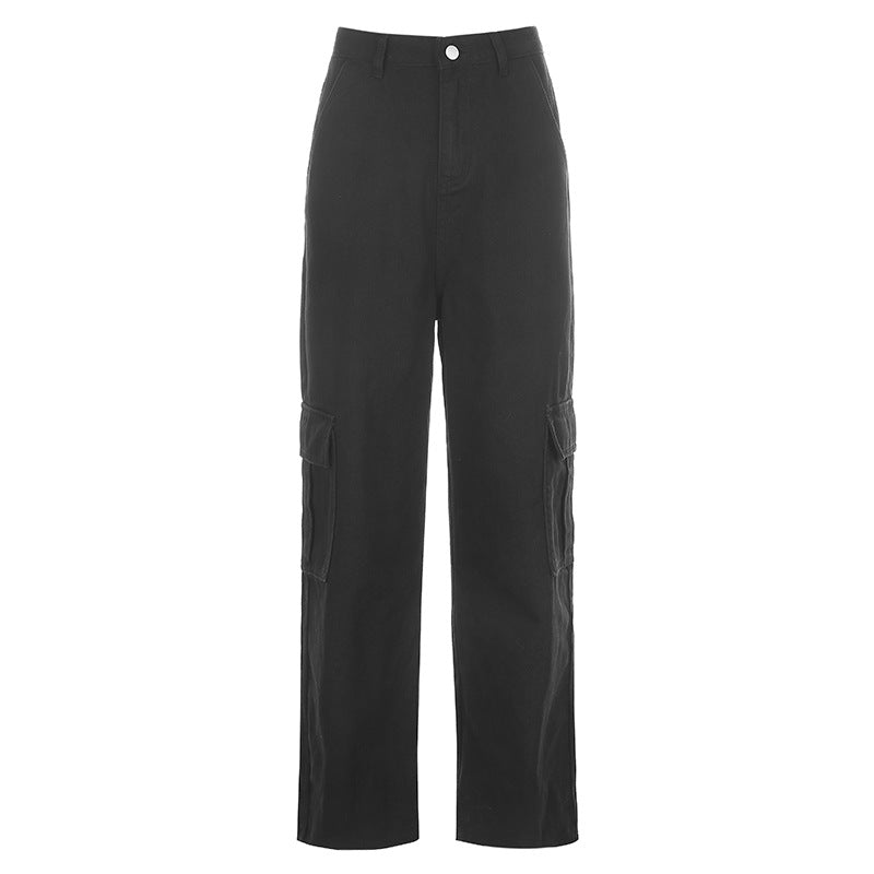Fashion Casual High Waist Slimming Women's Loose Multi-pocket Straight-leg Jeans