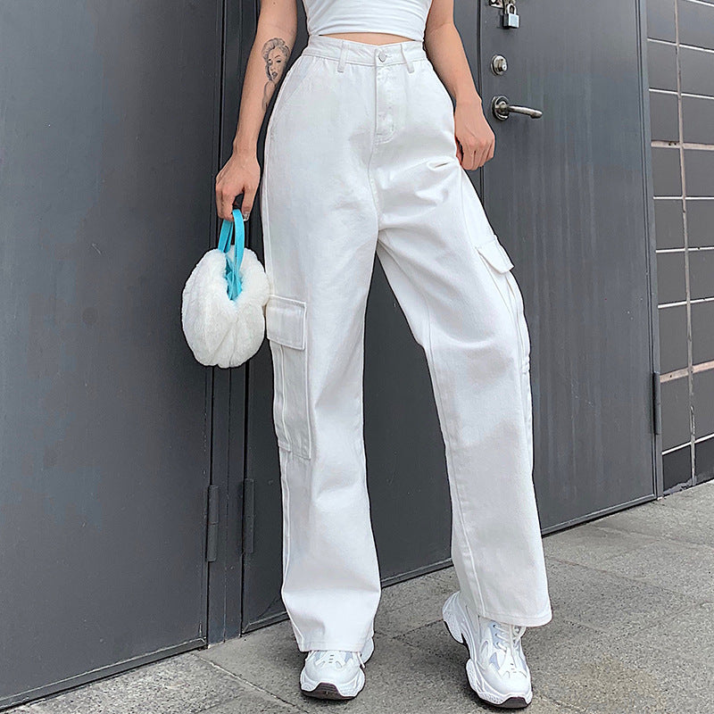 Fashion Casual High Waist Slimming Women's Loose Multi-pocket Straight-leg Jeans