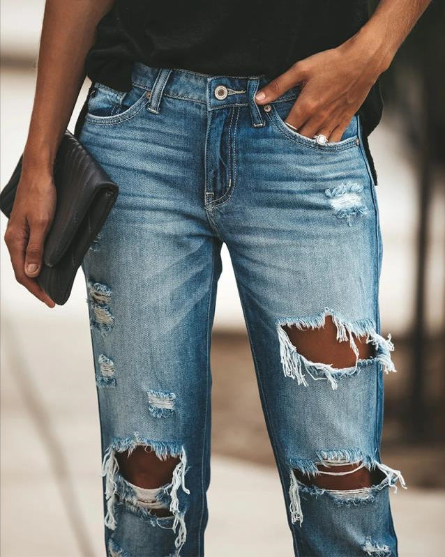 Dorothea - Designer jeans med slidte detaljer