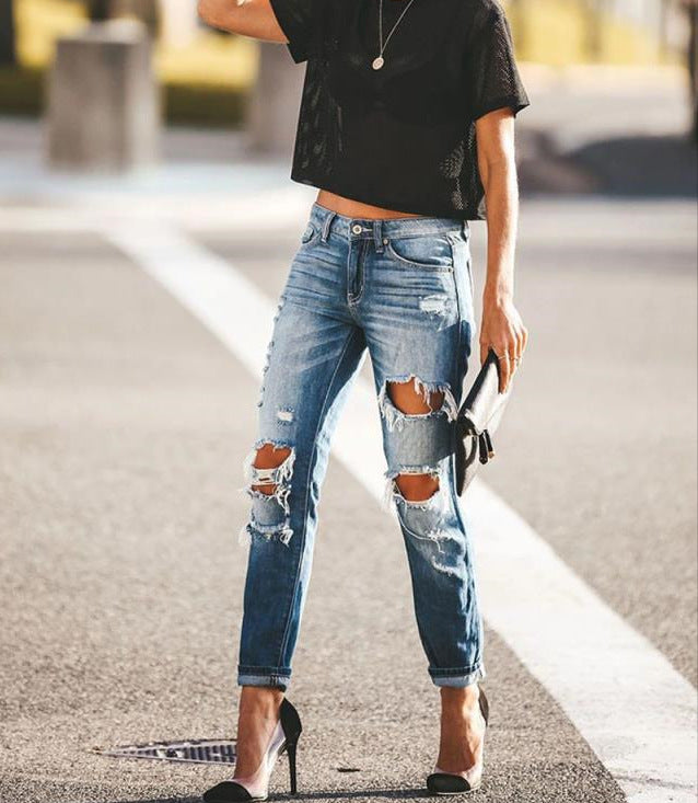 Dorothea - Designer jeans med slidte detaljer