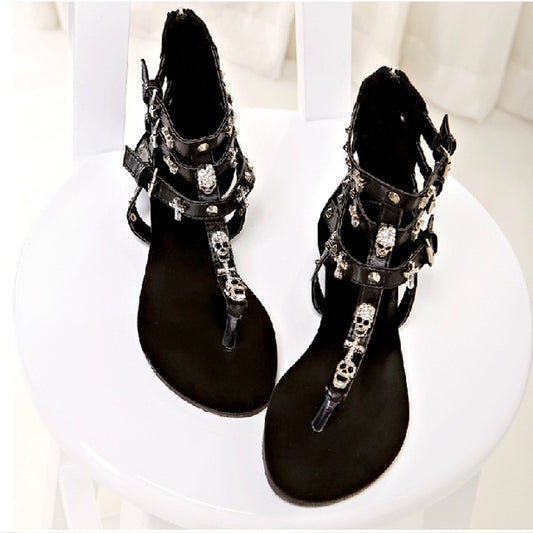 Nye Udenrigshandelsvarer Orange Rhinestone Dødningehoved Punk Stil Høje Sandaler Flad Bund Damesko