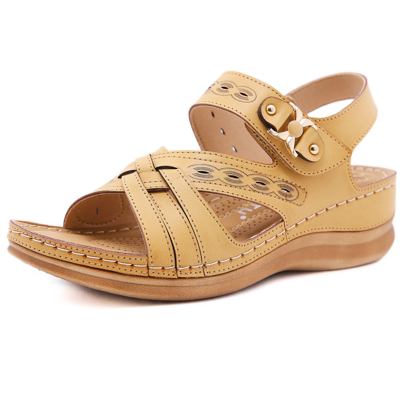 Amazon Retro Cross-Border Round Head Electric Embroidery Casual Metal Sandals Female Car Line Non-Slip Wedge Hollow Sandals