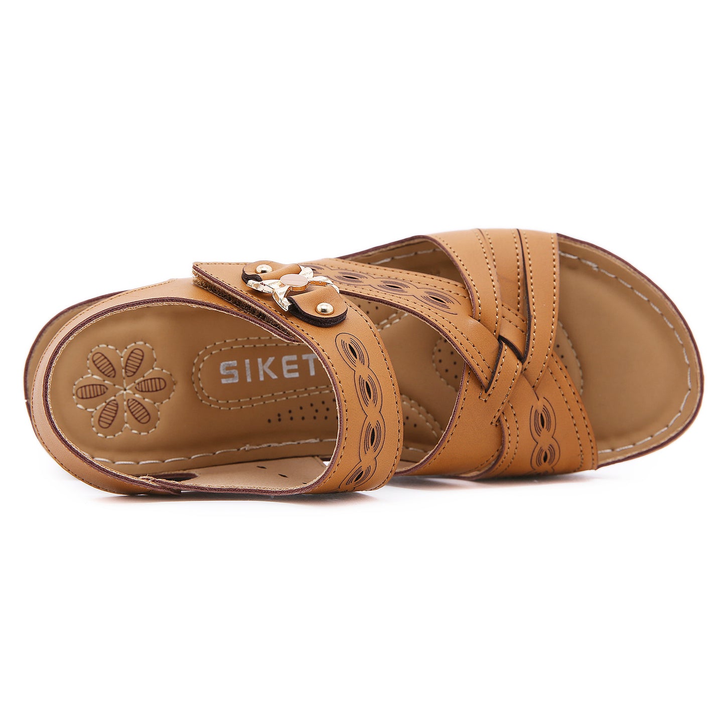 Amazon Retro Cross-Border Round Head Electric Embroidery Casual Metal Sandals Female Car Line Non-Slip Wedge Hollow Sandals