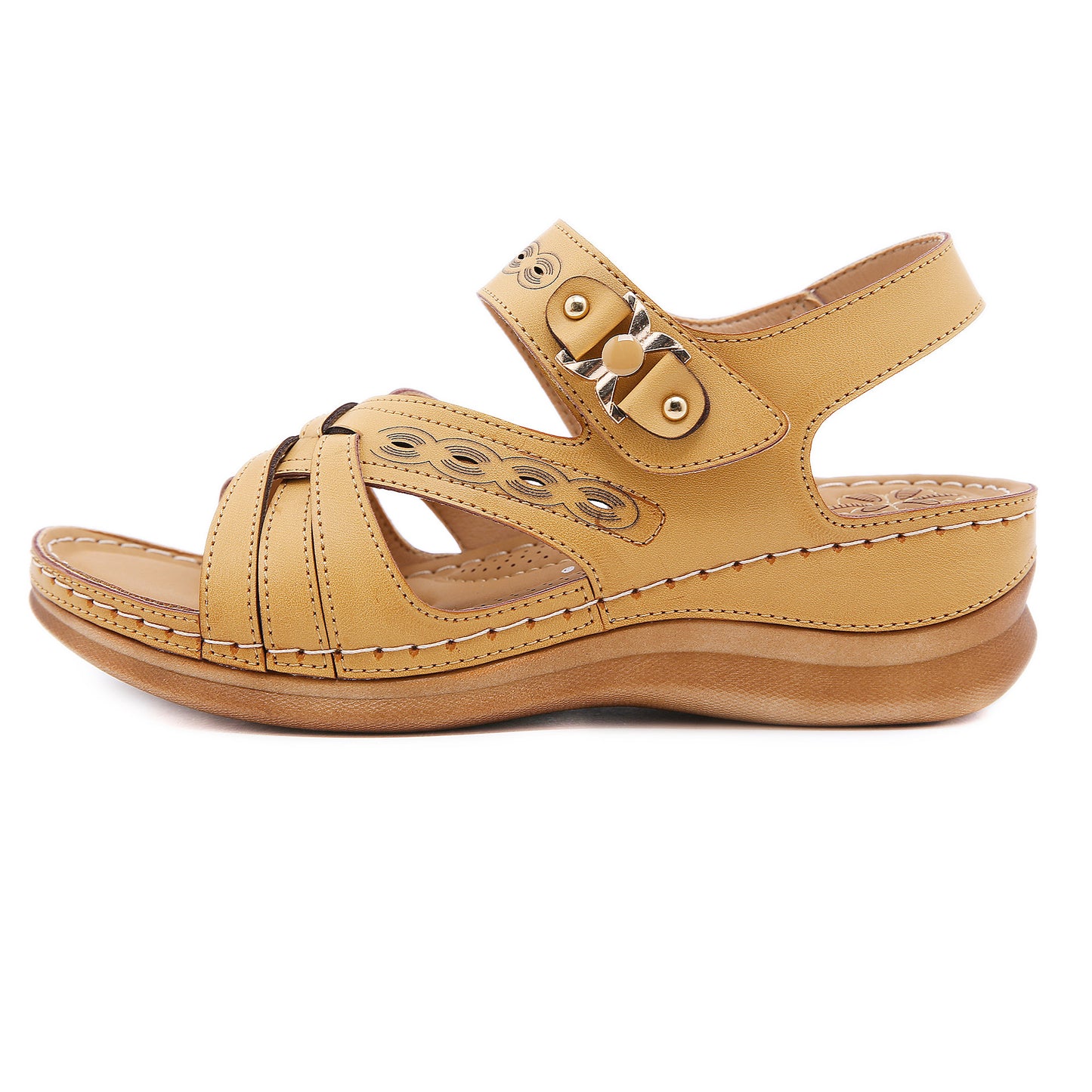 Amazon Retro Cross-Border Round Head Electric Embroidery Casual Metal Sandals Female Car Line Non-Slip Wedge Hollow Sandals