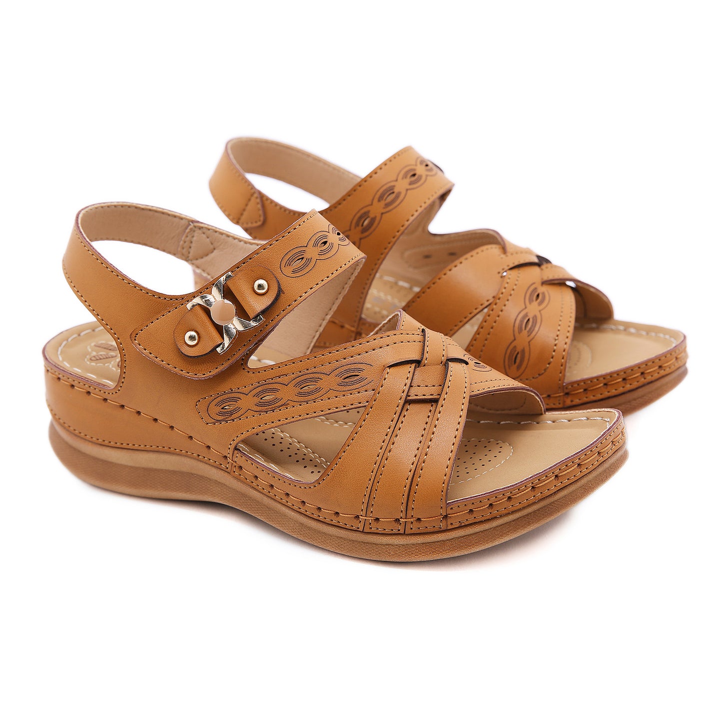 Amazon Retro Cross-Border Round Head Electric Embroidery Casual Metal Sandals Female Car Line Non-Slip Wedge Hollow Sandals