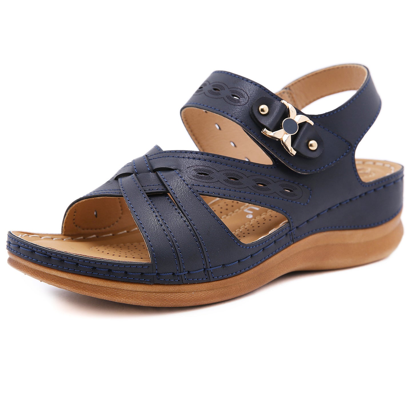 Amazon Retro Cross-Border Round Head Electric Embroidery Casual Metal Sandals Female Car Line Non-Slip Wedge Hollow Sandals