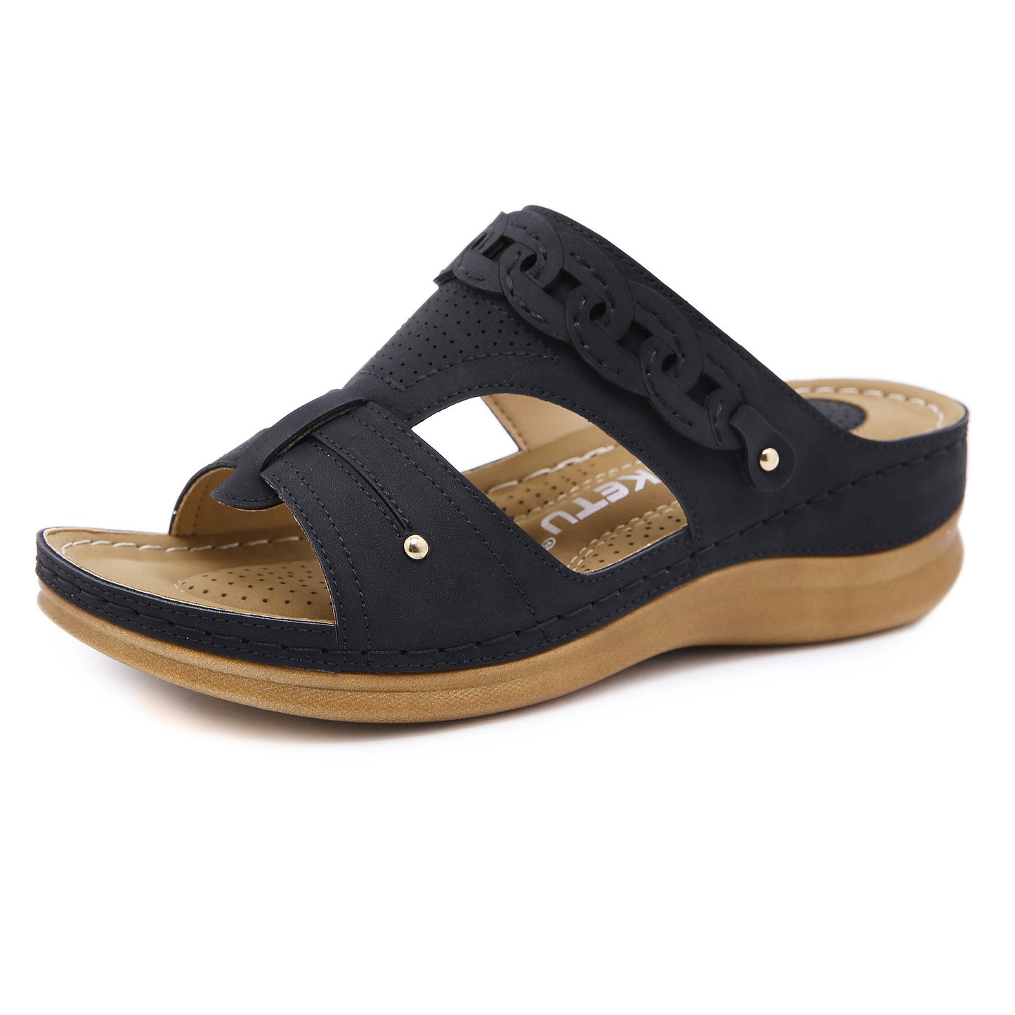 Round Toe Cap Foot Sandals Female Car Line Non-Slip Slope With Hollow Out Large Size Metal Sandals