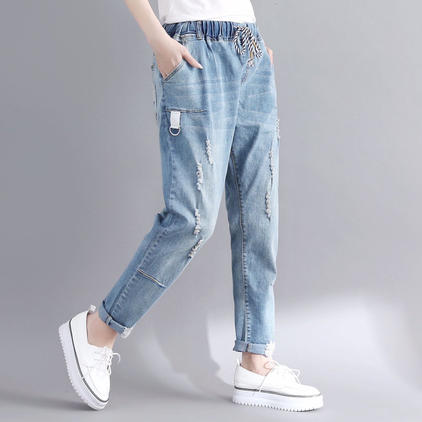 Stretch Elastic Waist Loose Slimming Ripped Jeans