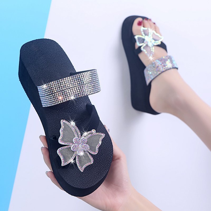 Platform Bow Slips With Rhinestones