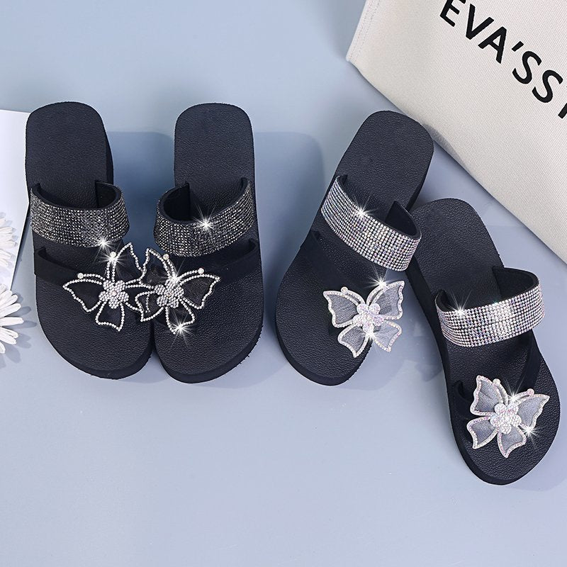 Platform Bow Slips With Rhinestones